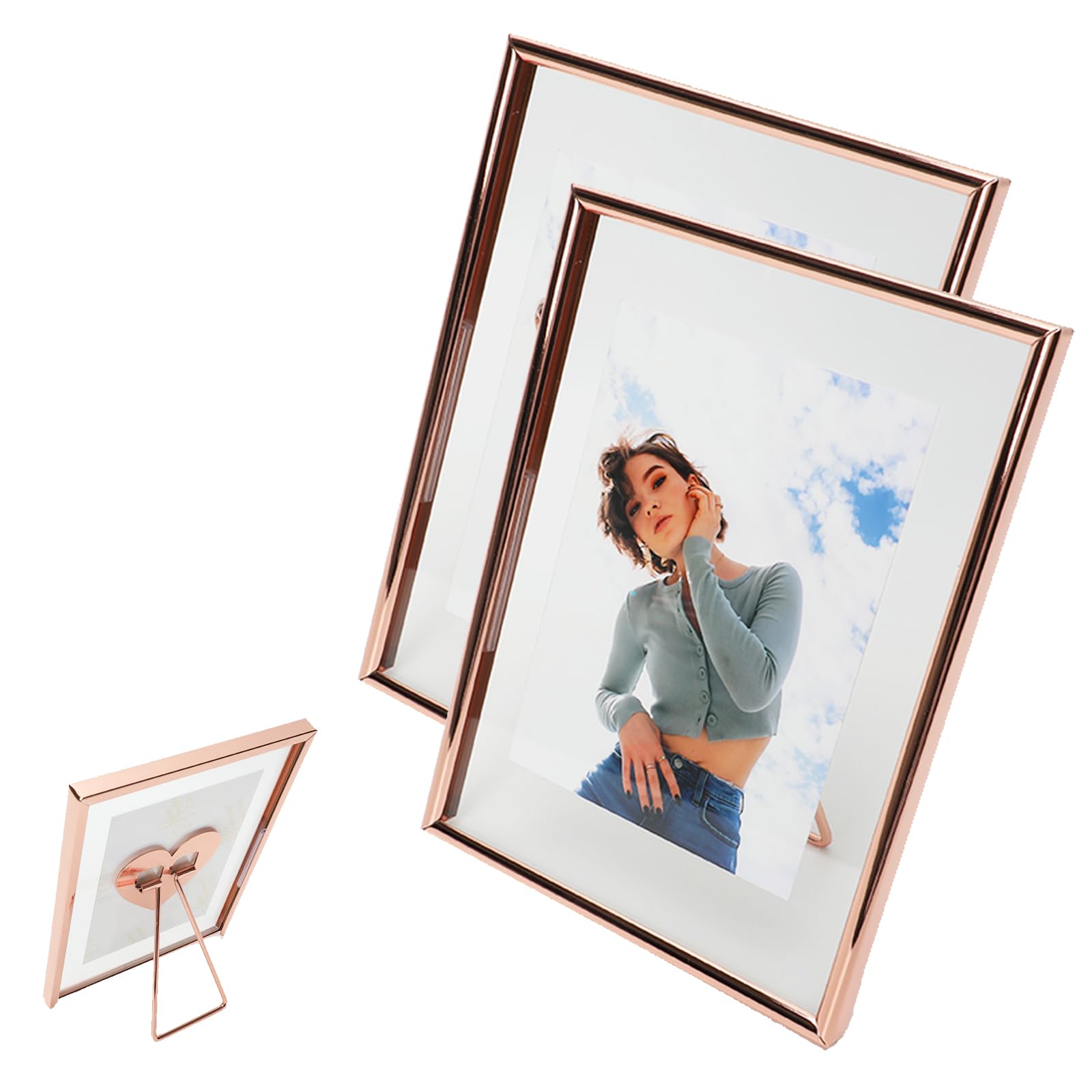 AhaGo Rose Gold Floating Frame (2 Set, 5"x7",Vertical), For Photo Sizes (4x6,3x5, 2x3), Adjustable Tabletop/Shelf Photo Frame with Heart Style, Classy Gift For Halloween, Home or Wedding