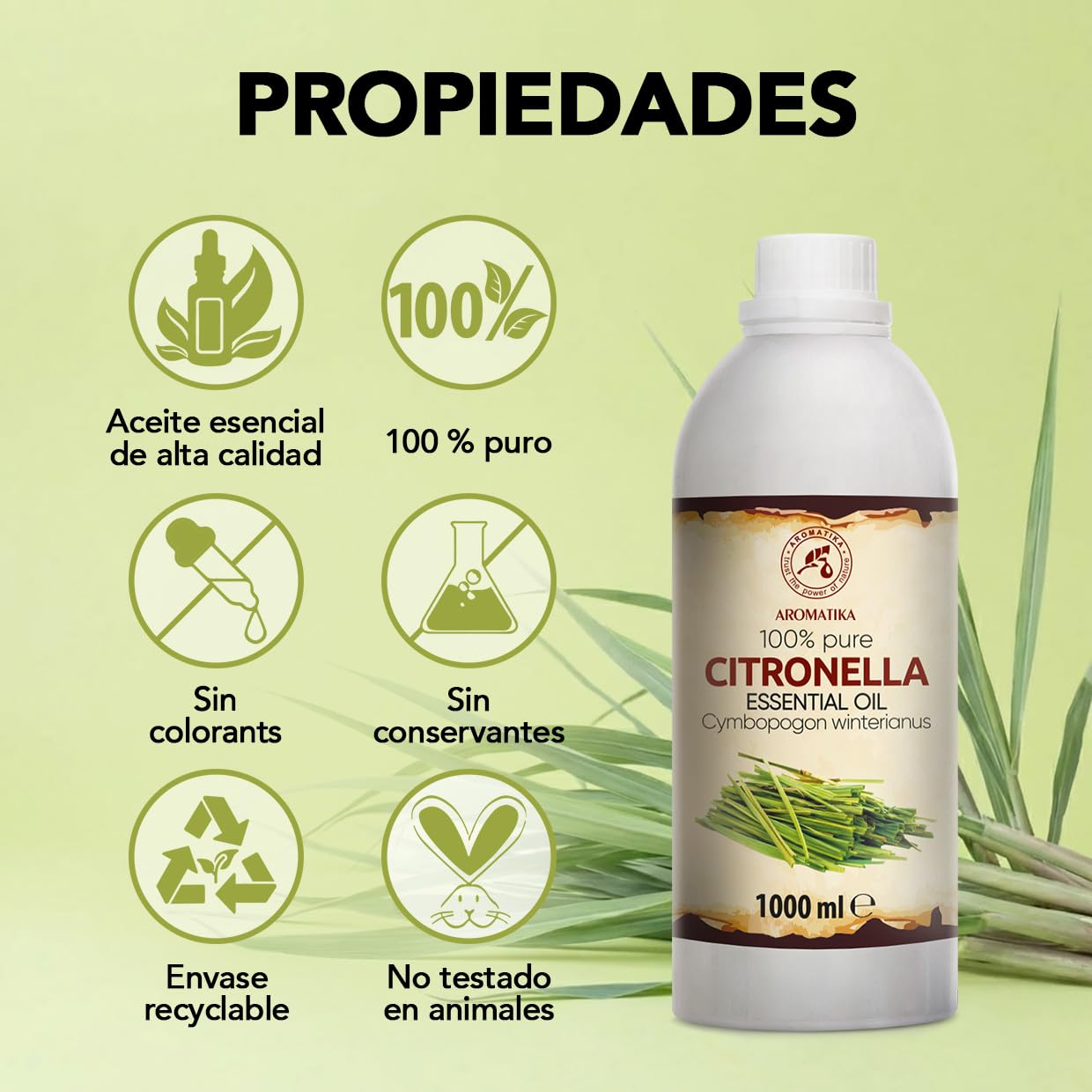 Aceite Esencial de Citronela 1000 ml - Cymbopogon Winterianus - Natural y Puro - Aceites Esenciales para Difusores - Fragancias para el Hogar - Jabones y Velas - Sauna - Aroma fresco - Aromaterapia