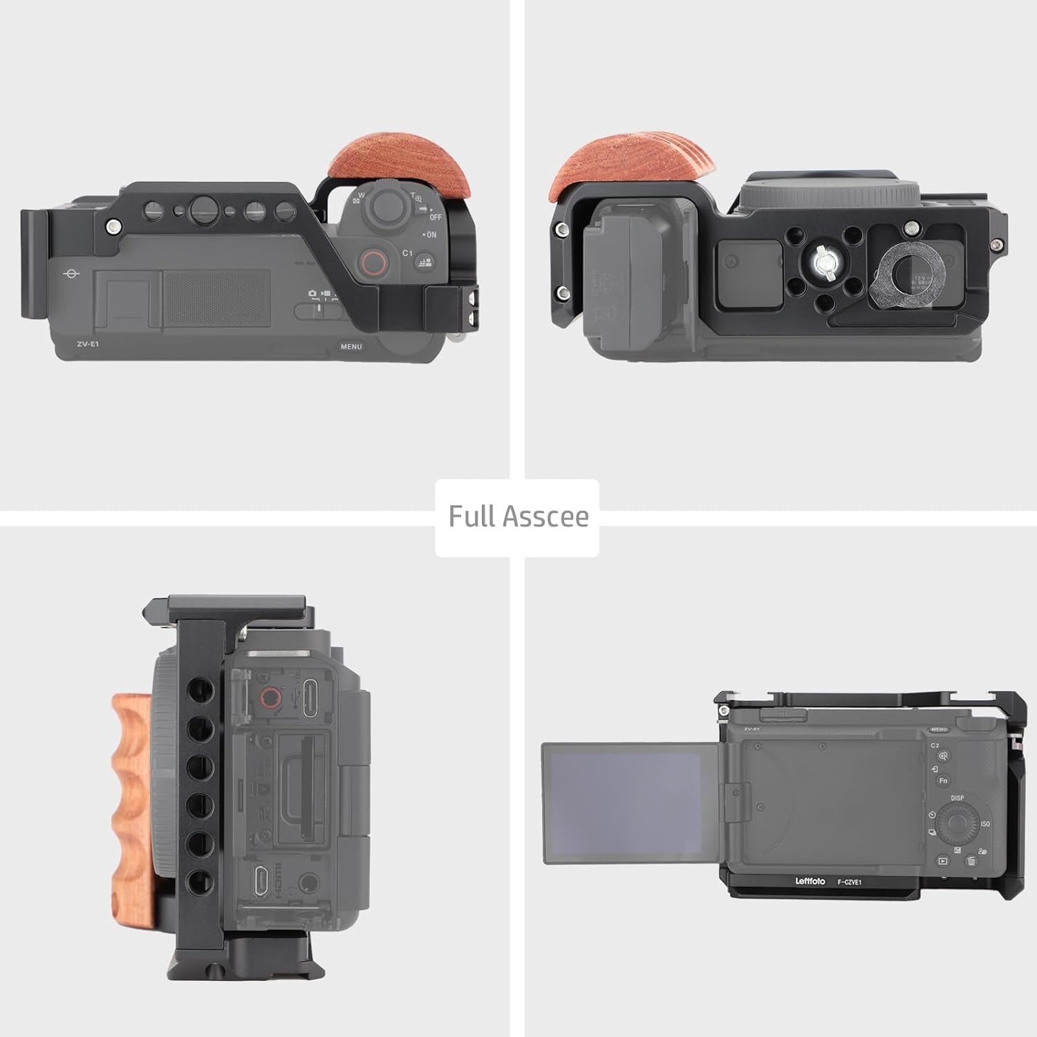 LEFTFOTO ZV-E1 Full Camera Cage with Wood Handle for Sony Alpha ZV-E1 Video Shooting Frame with Arca Type Base 3/8" ARRI Holes Dual Locking All in One Design - Image 4