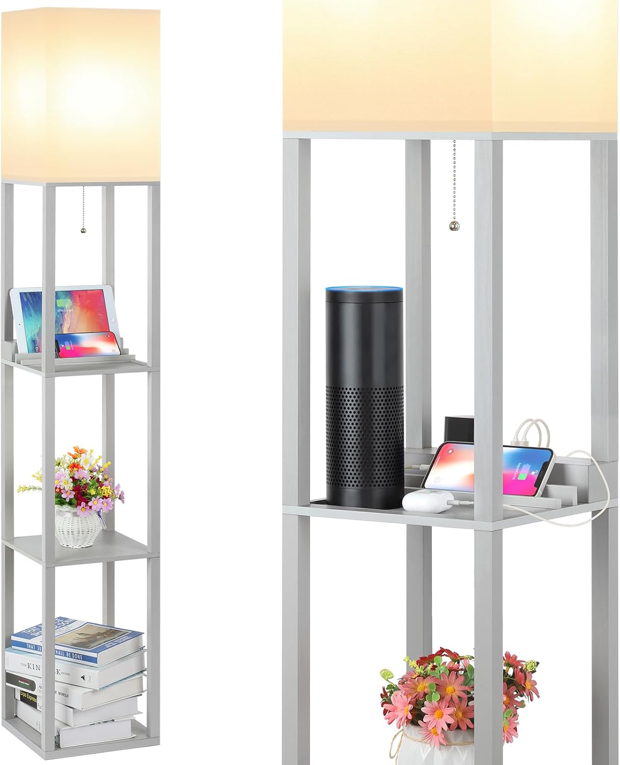 SHINE HAI Shelf Lamp, Modern Standing Ligths with 2 USB Ports and 1 Power Outlet, 3-Tiered Display Floor Lamps with Shelves for Living Room, Bedroom and Office - Gray