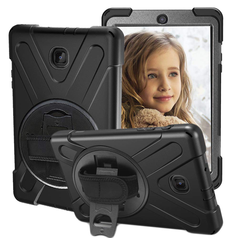 CCMAO Galaxy Tab A 8.0 2018 Case, SM-T387 Case, [Hand Strap] 360 Degree Rotating Kickstand Full-Body Impact Resistant Cover for Samsung Galaxy Tab A 8.0 Inch 2018 (SM-T387 Verizon/Sprint) (Black)