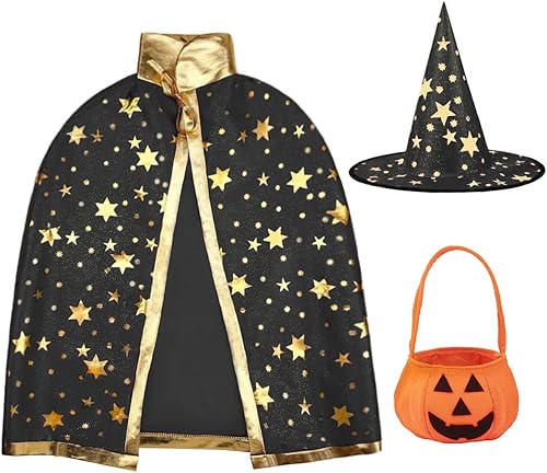 Capa de mago de Halloween, diseño de estrella de bruja con sombrero, bolsa de calabaza para niños (mayores de 3 años)