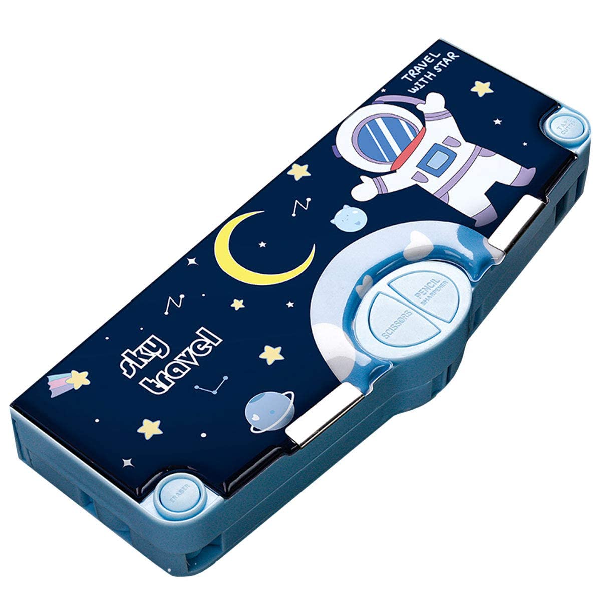 Plastic Space Print Multi Compartment Button Operated Magnetic Compass Box for Kids, Blue Color