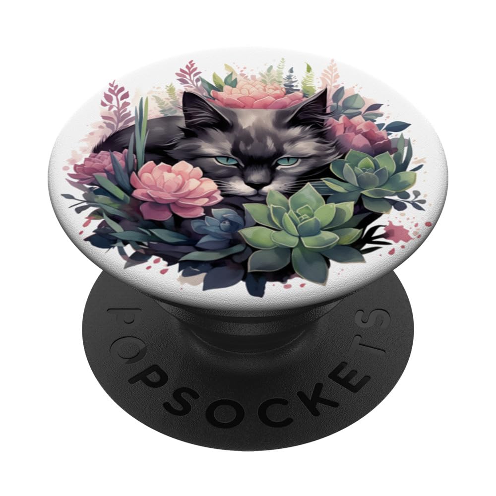 Sleepy Cat in Succulent Garden, Cute Napping Kitten Floral PopSockets Swappable PopGrip, Black