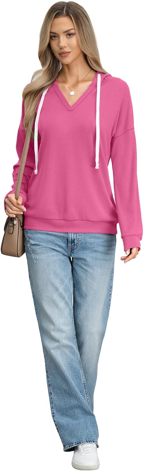 Womens V Neck Hoodie Lightweight Long Sleeve Sweatshirts Casual Loose Drawstring Pullover Fall Fashion Top 2026 - Image 6