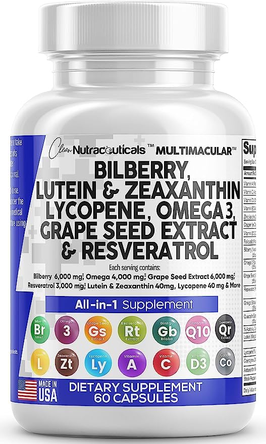 Eye Health Vitamins with Bilberry 6000mg Lutein & Zeaxanthin 40mg Lycopene 40mg Resveratrol 3000mg Grape Seed Extract 6000mg Omega 3 4000mg Astaxanthin - Eye Vitamin - 60 (B0CVQG177M) Amazon Price History, Amazon Price Tracker