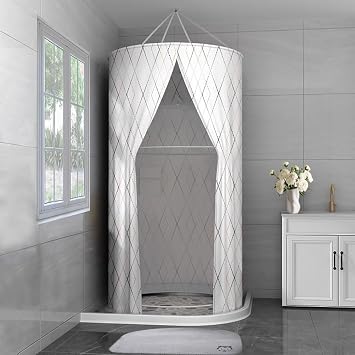 Round Shower Curtain Hanging Portable Shower Curtain Set Ideal for Outdoor Camping, Travel, and Indoor ShowersWhite,100 * 200cm