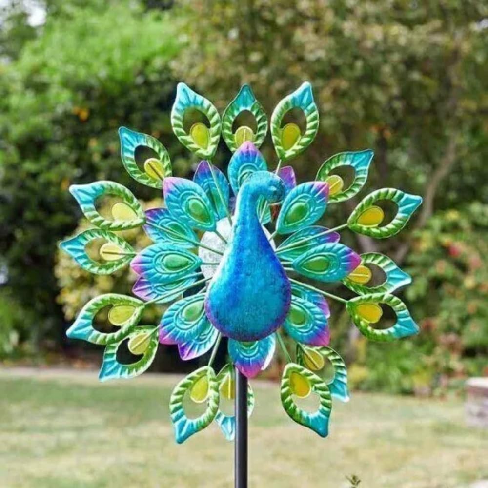130cm Colourful Peacock LED Solar Powered Wind Sculpture Garden Ornament Windmills For Gardens Metal Decoration Wind Spinner for Gardens Durable