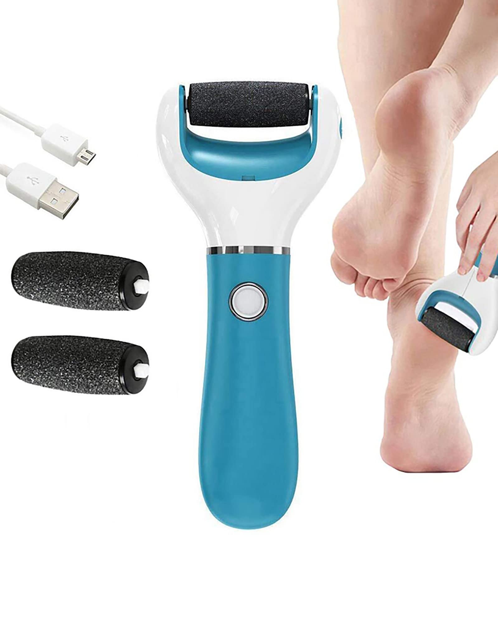 Lima eléctrica portátil para pies, Amoladora de pies Recargable por USB, Herramienta de pedicura para Eliminar la Piel Dura con 2 Rodillos para pies Secos y agrietados, Blanco (Azul)