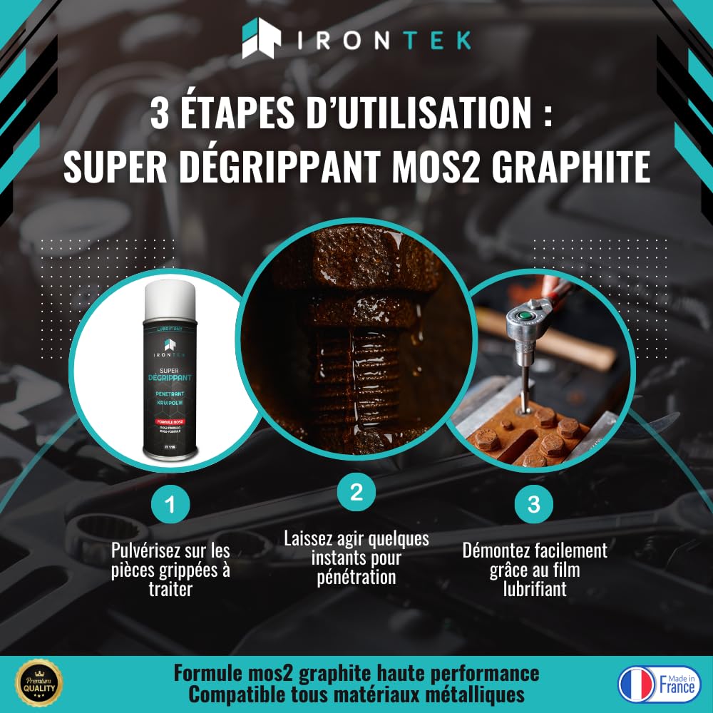 Dégrippant Lubrifiant Pro MoS2 Graphite 400ml - IRONTEK | IT115 | Action Rapide Pénétrante | Débloque Pièces Grippées