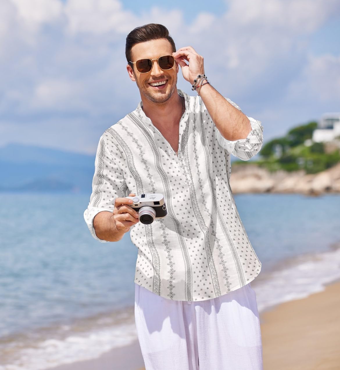 COOFANDY Men's Cotton Linen Henley T-Shirt Long Sleeve Hippie Casual Beach T-Shirts - Image 7