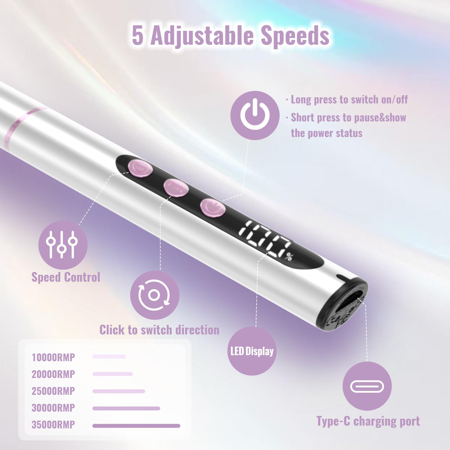 Torno para Uñas Profesional de 35000 RPM, 12 en 1 Lima Eléctrica para Uñas de Gel y Acrílicas, Recargable Torno Sin Cable con 5 Velocidad Ajustable para Manicura y Pedicura Plata