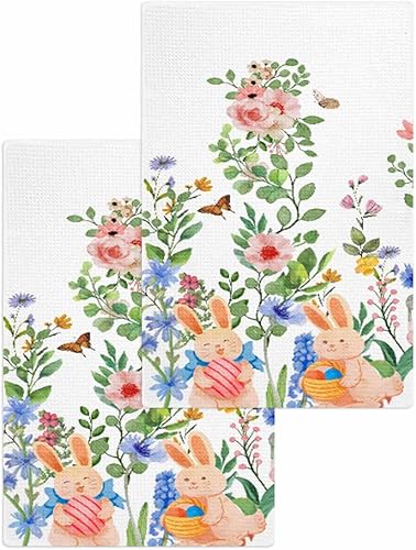 Miniatura 1 de Millxiu Waffle Weave Kitchen Tea Towel Set of 2, Easter Watercolor Bunny Plant Leaves 16" x 24" Quick Dry Cloth Dish Towels for Living Room Kitchen
