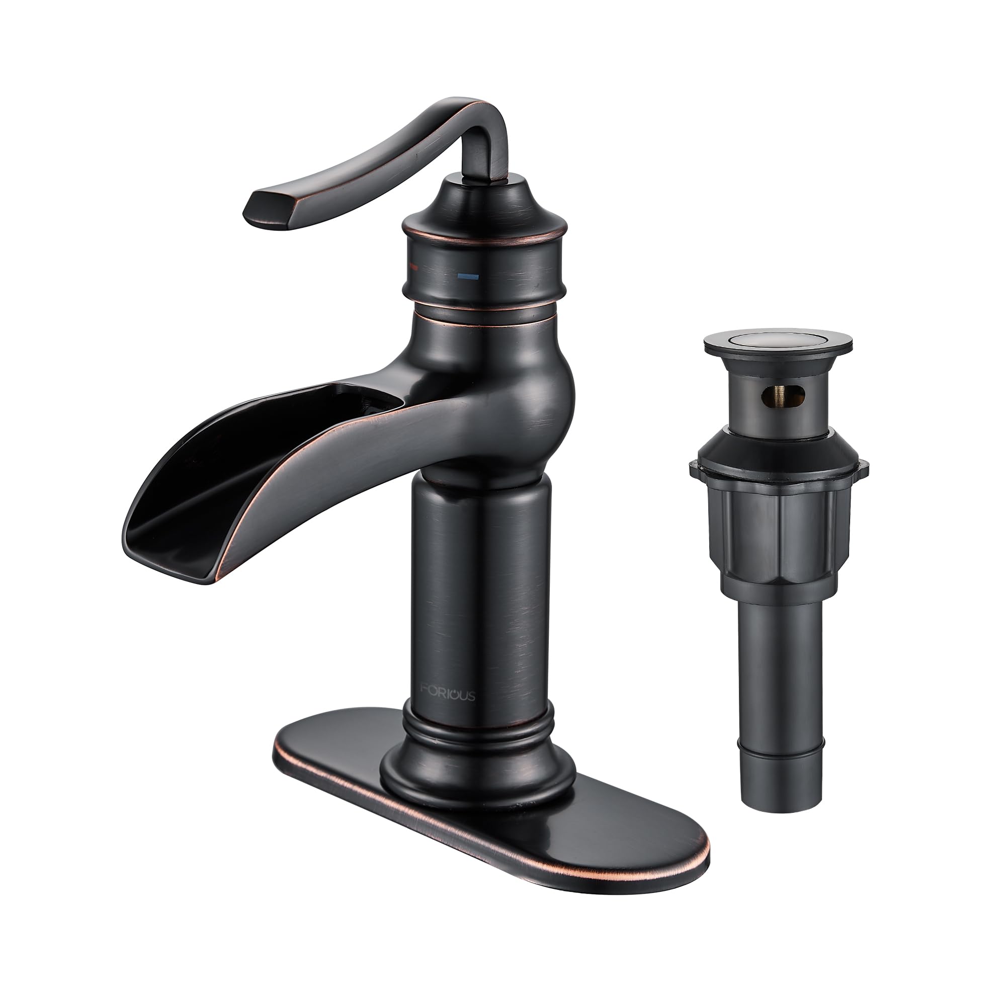 FORIOUS Waterfall Bathroom Sink Faucet, Oil Rubbed Bronze Bathroom Faucet for 1 hole or 3 Hole, Rustic Brass Bathroom Faucet with Pop Up Drain Stopper, Single Handle Vanity Faucet for RV Lavatory Bath