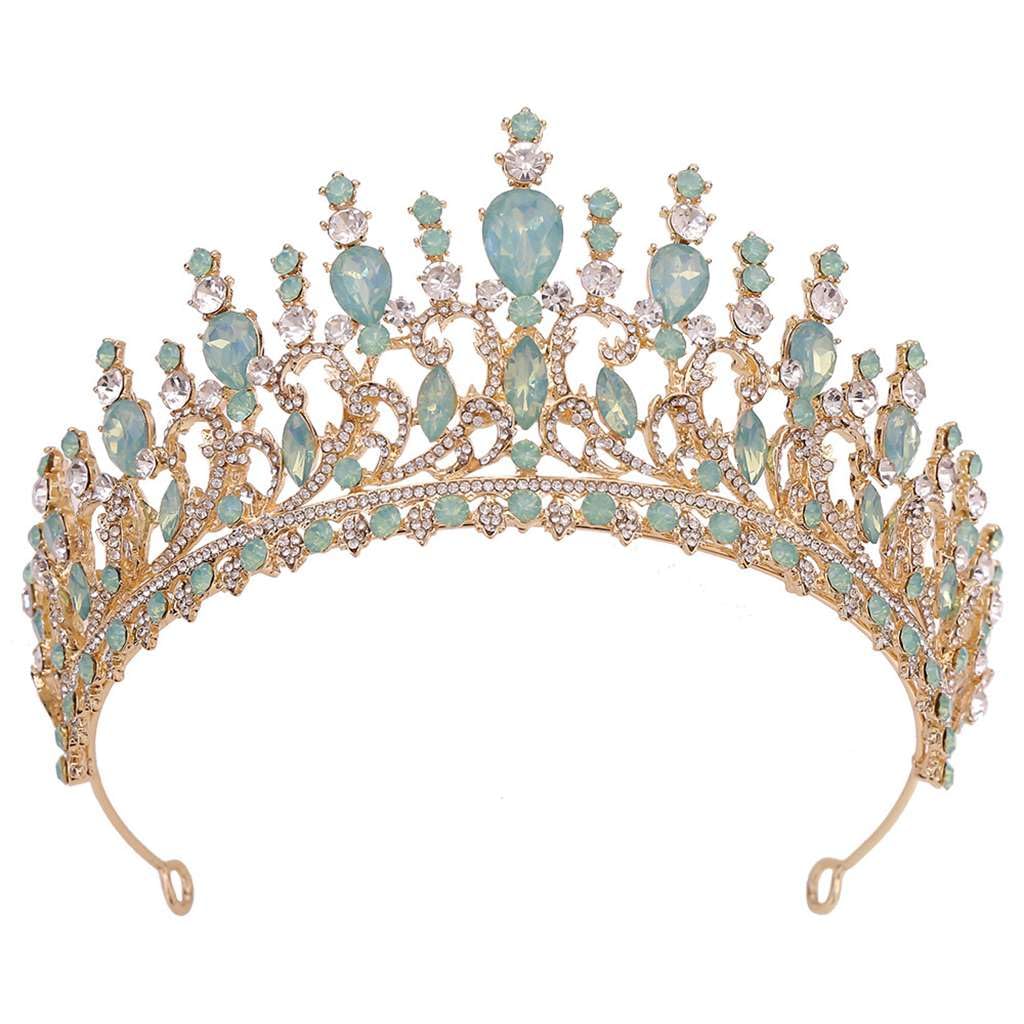 Women Baroque Wedding Crown Turquoise Bridal Headband for Bride Wedding Anniversary Hair Accessory,Light Green 15
