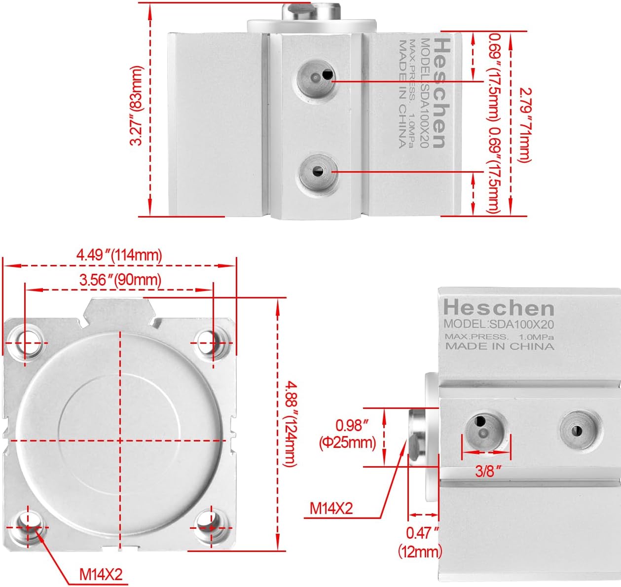 Heschen Pneumatic Compact Aluminum Air Cylinder, SDA 100-20, Bore 100mm, Stroke 20mm, PT3/8'' Port Size, Double Acting
