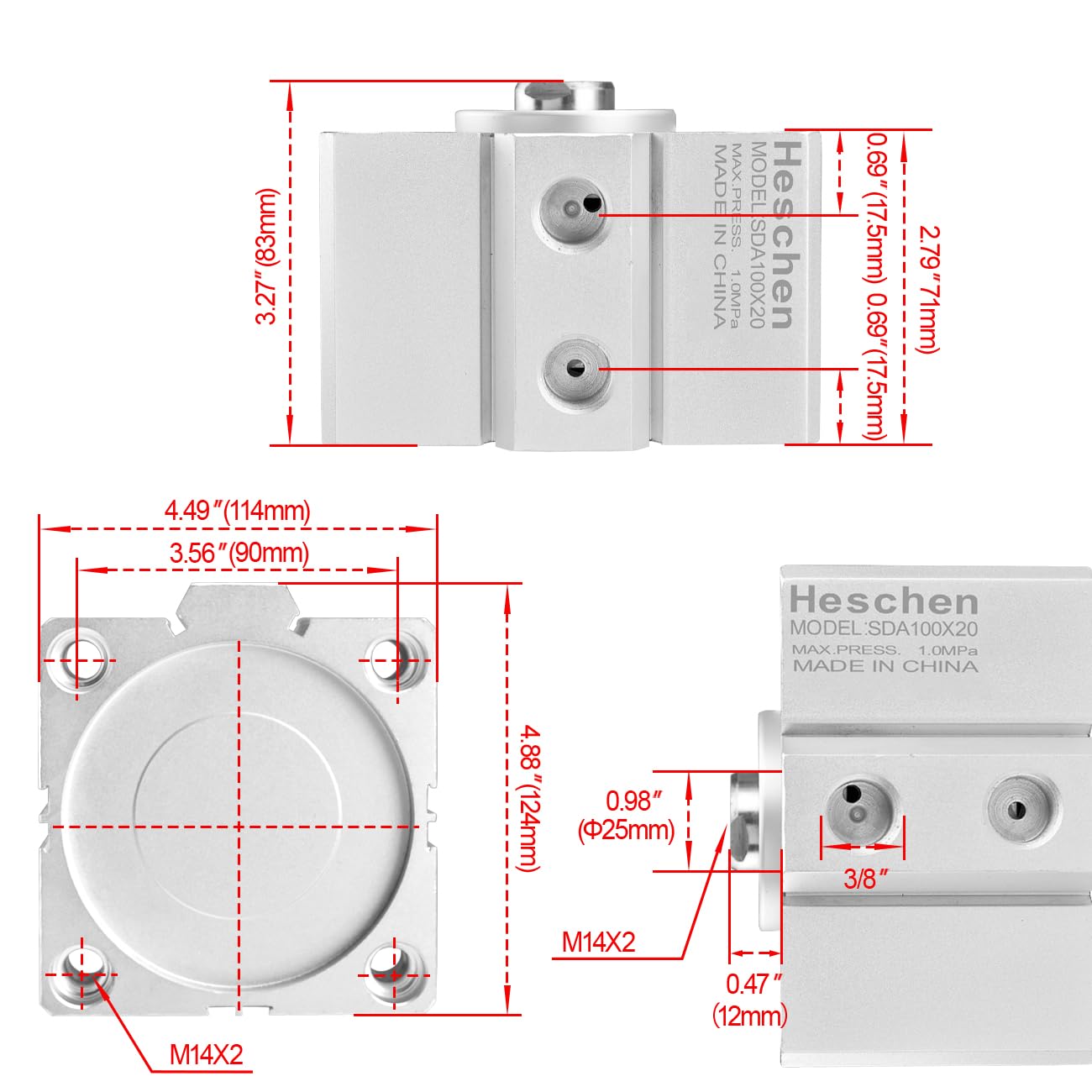 Heschen Cilindro pneumatico compatto in alluminio, SDA 100-20, foro 100mm, corsa 20mm, PT3/8 '' dimensione porta, doppio effetto