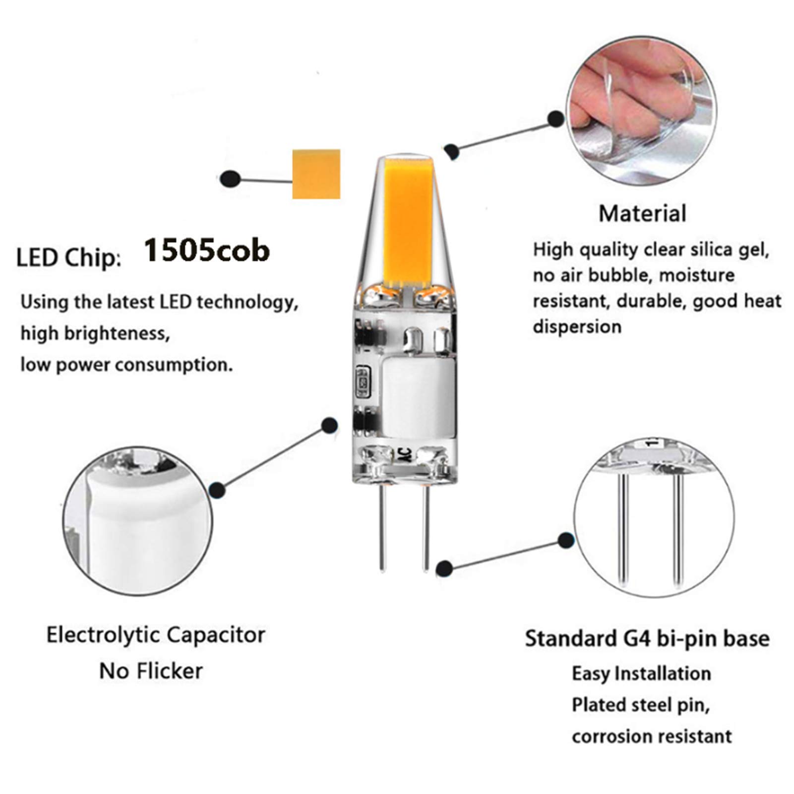 Bombilla LED G4 con atenuación 3W Lámpara inferior dos pines equivalente a halógeno 30W CA/CC 300 lúmenes 360 ordm; Ángulo haz, iluminación paisaje, no regulable, natural