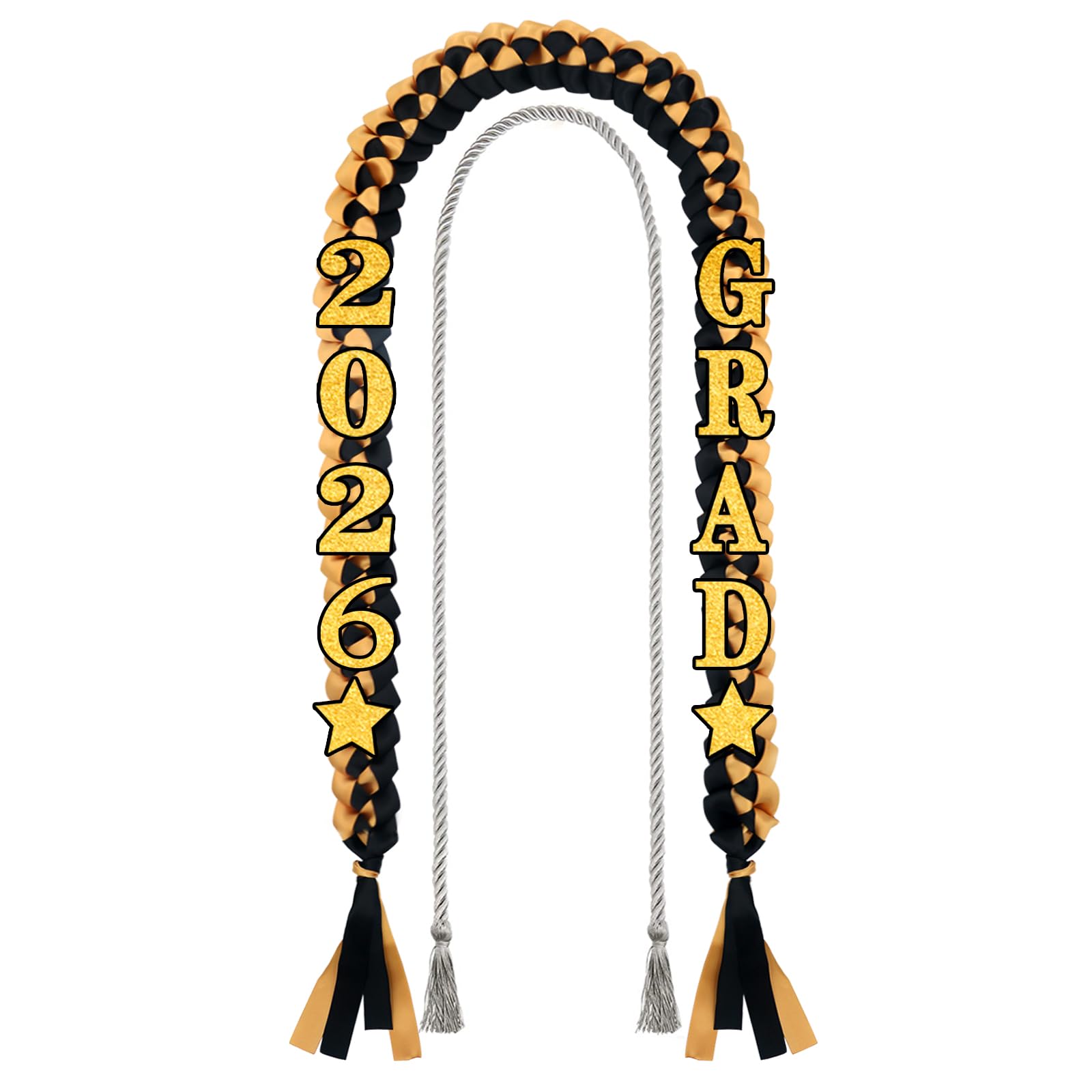 Photo 1 of 10 Pieces Graduation Ribbon Lei 2026, Handmade Braided Necklace Honor Cord, [2026 Grad] Embroidery Patches for College Graduation Party Decorations (Black and Gold, Silver Cord)