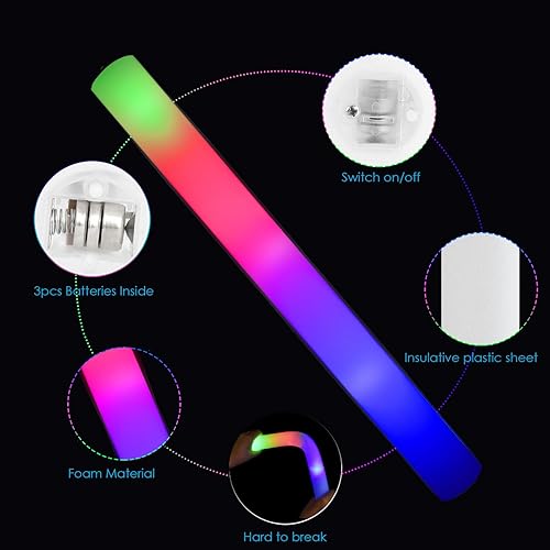 Miniatura 2 de EXCECAR 68 varillas de espuma brillantes, varillas de espuma con luz LED con 3 modos de cambio intermitente, brilla en la oscuridad para eventos,