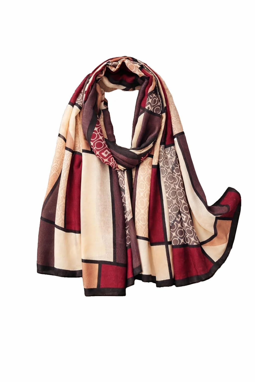 Brightonce Fashion Women’s Abstract Check Printed Viscose Scarf Stole Shawl Dupatta | Soft Lightweight Stylish Hijab | Maroon Beige Designer Long Wrap (185×90 cm)-image-49