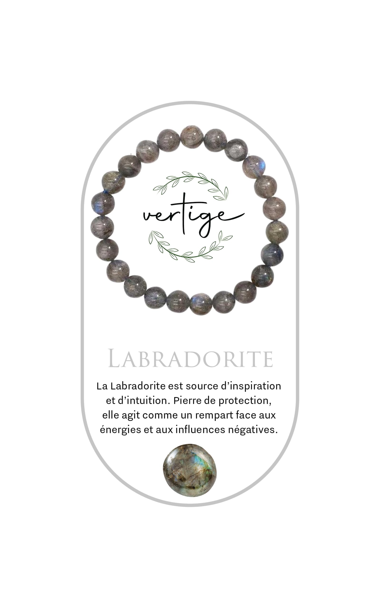 VERTIGE Bracelet de lithothérapie LABRADORITE, Pierres 8mm Minérales, Source de bien être Psychique et Physique, Apporte la PROTECTION, le CLARTÉ, et BONHEUR, Bracelet Femme/Homme