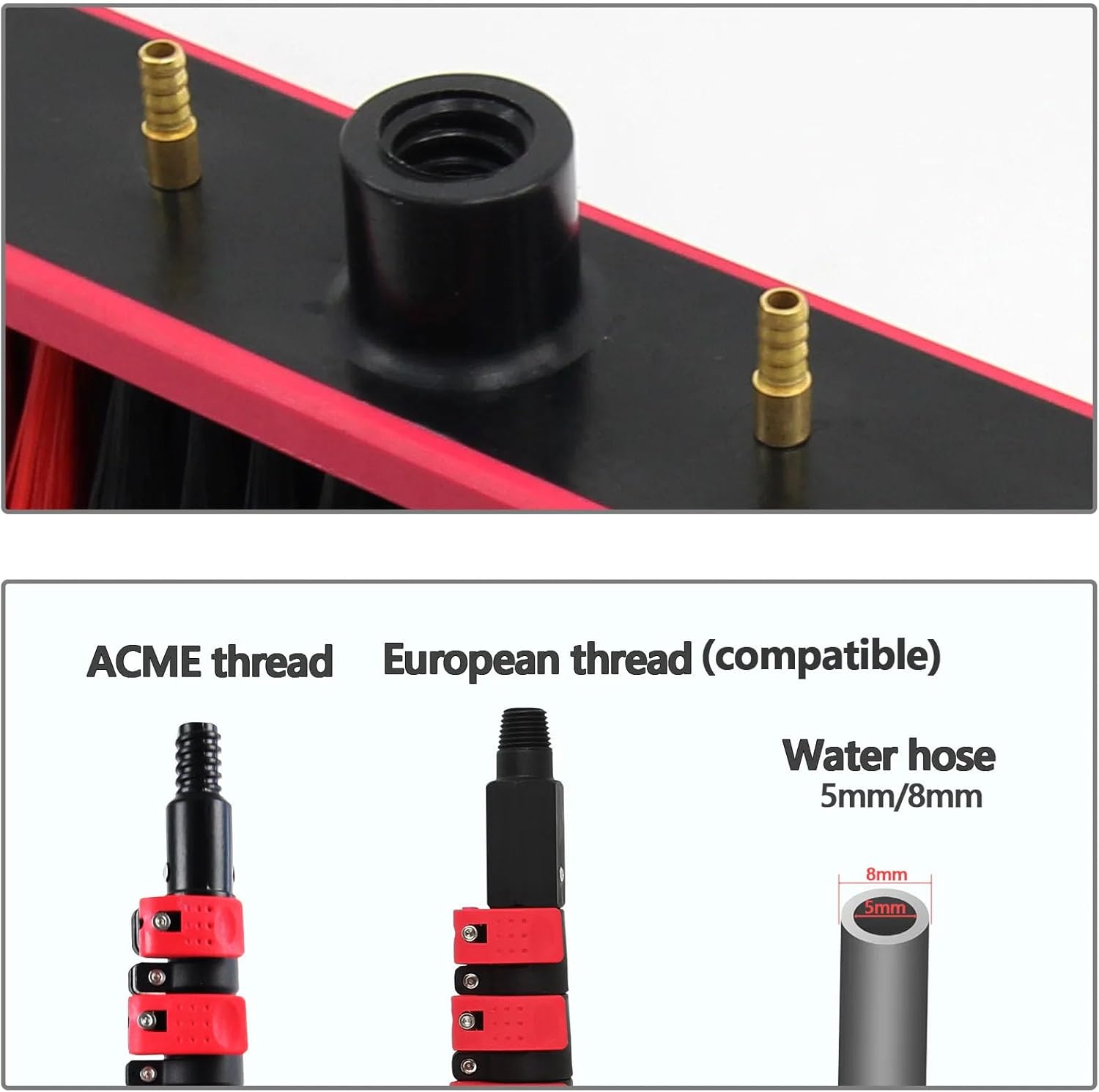 Water Fed Brush Head for High Window/Solar Panel Cleaning,Water Flow Through Brush Accessory with Angle Adapter Compatible with Acme/Euro Thread(Without Pole) (Brush-350)