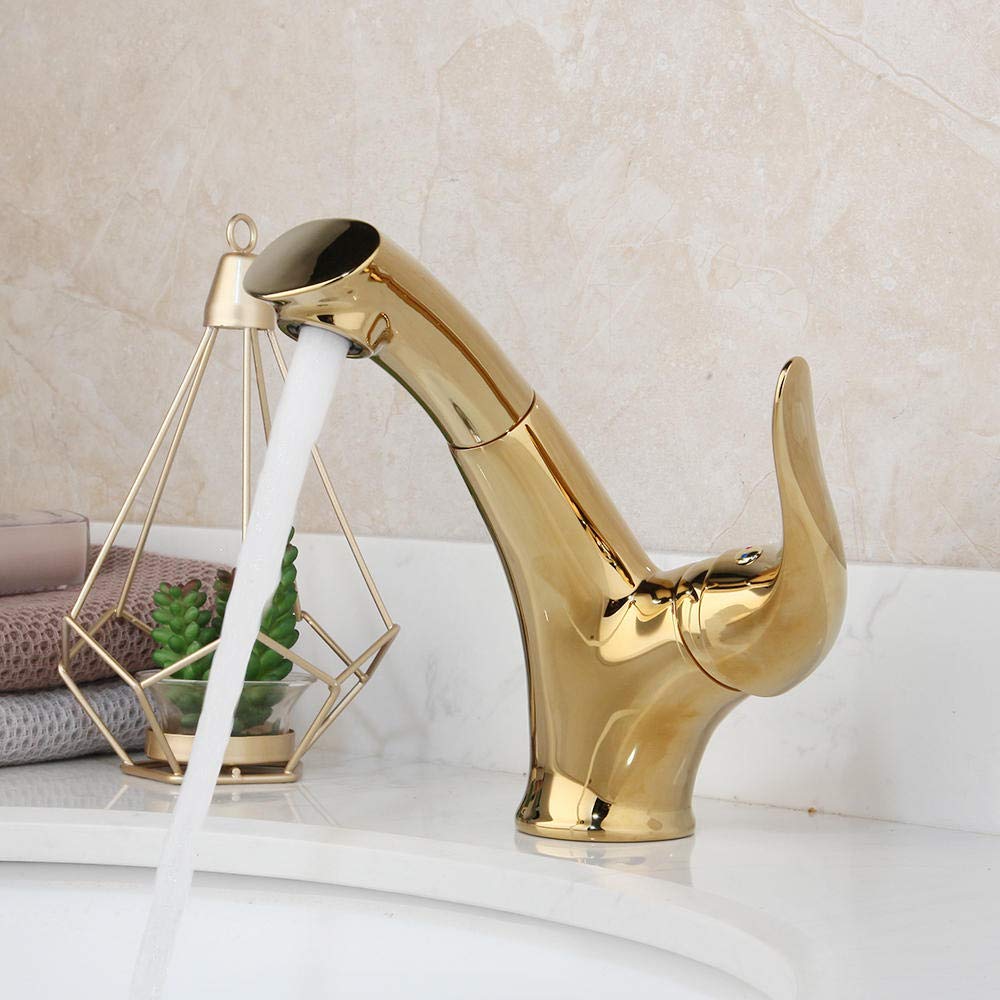ASerZenith Gold Polished Rotated Bathroom Basin Mixer Tap Pull Out Kitchen Faucet Deck Mounted 1 Handle Tap