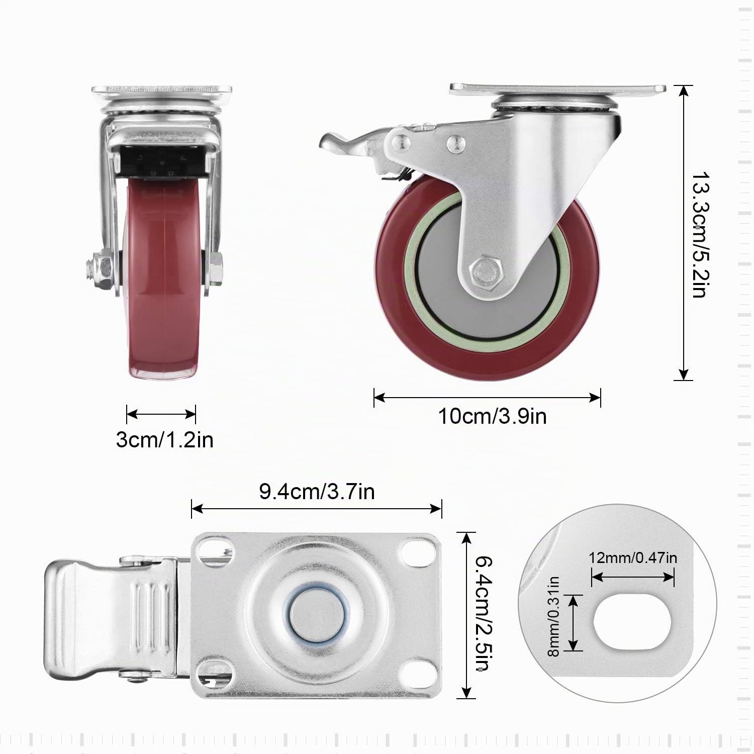Meditool 4 Ruedas Pivotantes, 400KG | 100mm, Ruedas para Muebles,Ruedas Giratorias con Freno Con Placa de Montaje