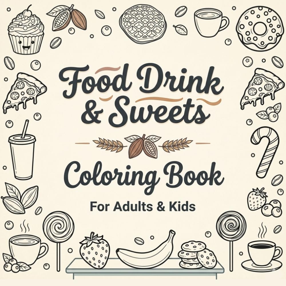Food Drink & Sweets Coloring Book for Adults and Kids: Bold and Easy Designs Featuring Cute Foods, Desserts, Snacks and Drinks for Relaxation and Fun