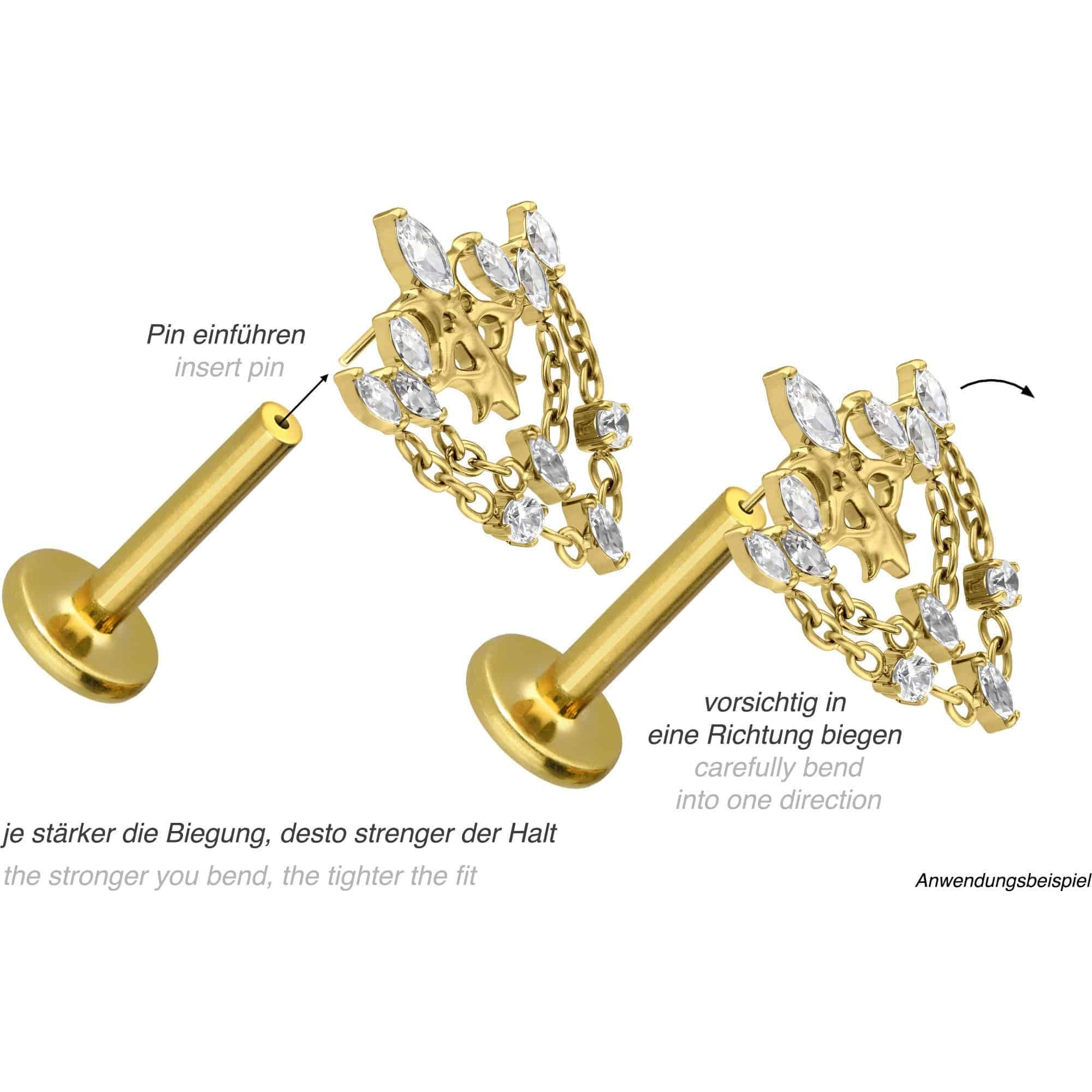 PIERCINGLINE Piercing Stecker Titan Labret mit Push Fit GOTISCHE KRONE + KETTEN - Roségoldfarben, Schwarz, Goldfarben, Silberfarben