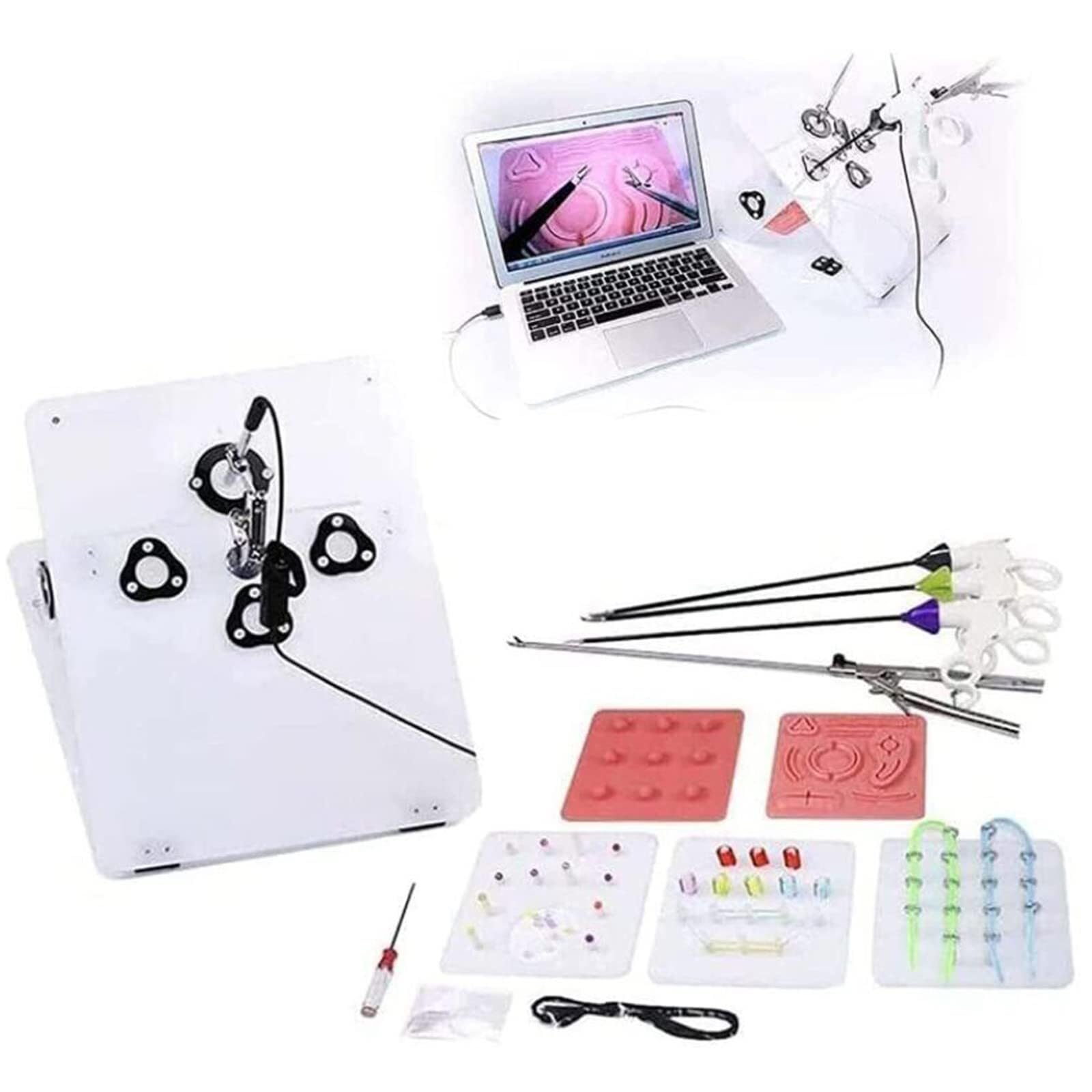 Coffret de formation en chirurgie laparoscopique avec 4 instruments chirurgicaux et 6 modules de formation, for étudiants en médecine et en soins infirmiers.
