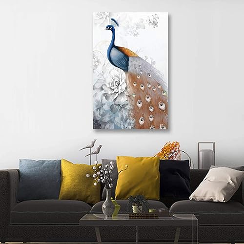 Miniatura 46 de Looife Lienzo decorativo para pared de pavo real, 16 x 32 pulgadas, pájaros verde azulado con flores, decoración de pared para decoración de DW148