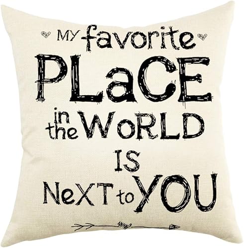 Ogiselestyle My Favorite Place in The World is Next to You - Funda de cojín decorativa de lino y algodón con cita inspiradora para el hogar, 18 x 18
