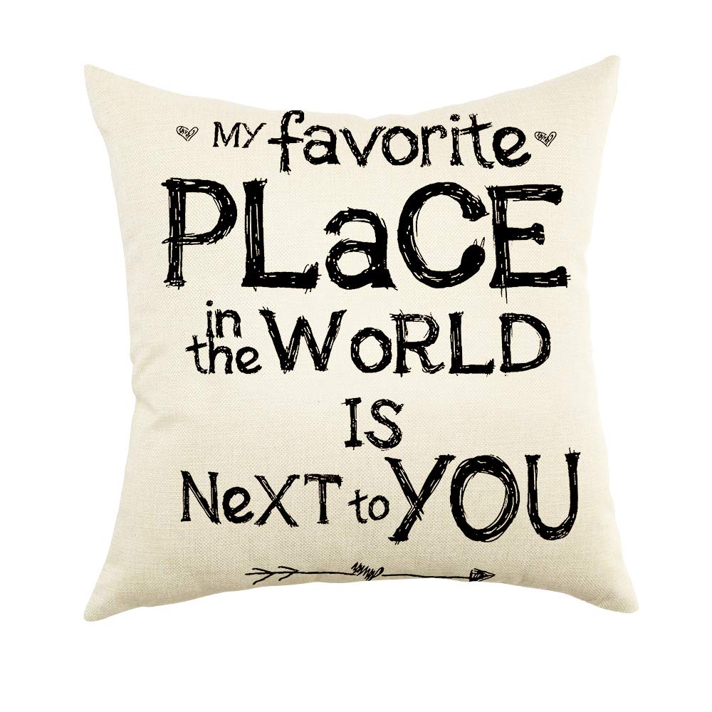 OgiselestyleMy Favorite Place in The World is Next to You Inspirational Quote Cotton Linen Home Decorative Throw Pillow Case Cushion Cover for Sofa Couch, 18" x 18"