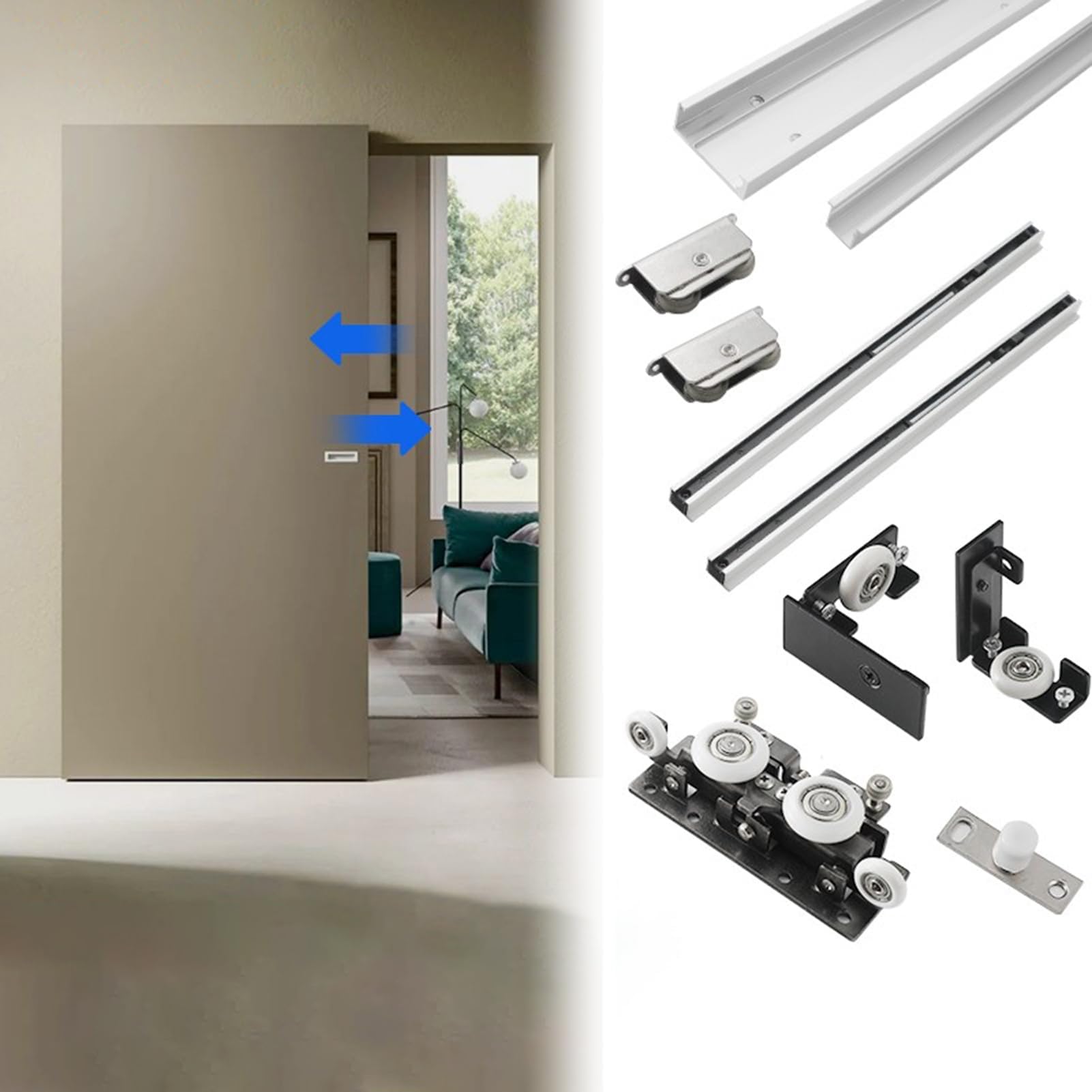 Track Less Sliding Ghost Door, Soft Close Barn Door Hardware Kit, Ghost Door Hidden Hardware for Modern Interior Door, Invisible Door Hanger(0.8m(2.6ft))