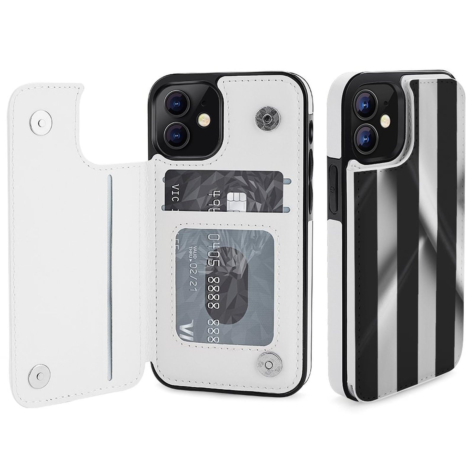 Funda tipo cartera para iPhone 12, diseño de rayas blancas y negras, funda de piel con ranuras para tarjetas