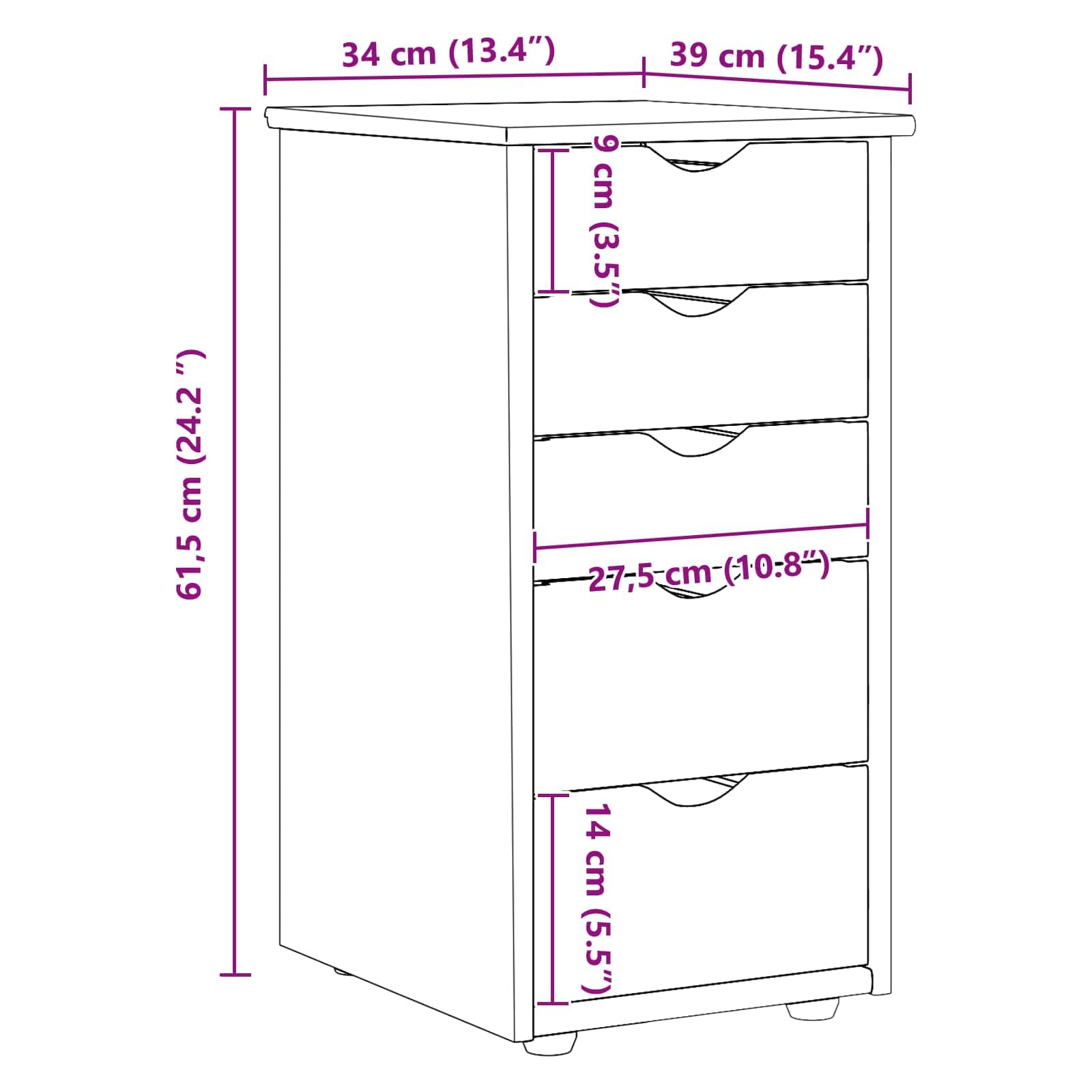 Schrank Weiß aus Massivholz Kiefer 34 x 39 x 61,5 cm mit 5 Schubladen, Aufbewahrungsschrank für Wohnzimmer Schlafzimmer und Büro, Flexibler Mehrzweckschrank mit Stauraum und Rollen
