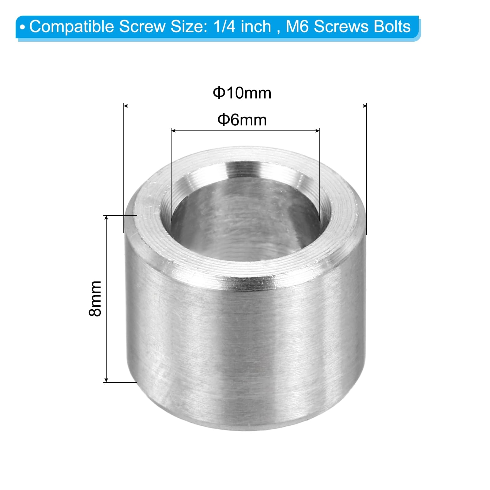 PATIKIL M6 Stainless Steel Spacers, 12Pcs Metal Spacer 6mm ID x 10mm OD x 8mm l Screw Standoff for 1/4" or M6 Screw - Image 2