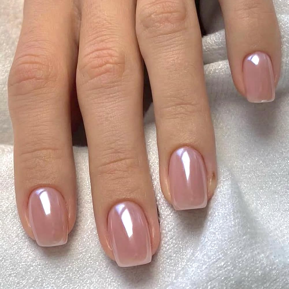 Press On Nails Short，Acrylic Nails Press on ，Short Square Press on Nails Fake Nails Glossy False Nails with Chrome Press ons Fashion Designs