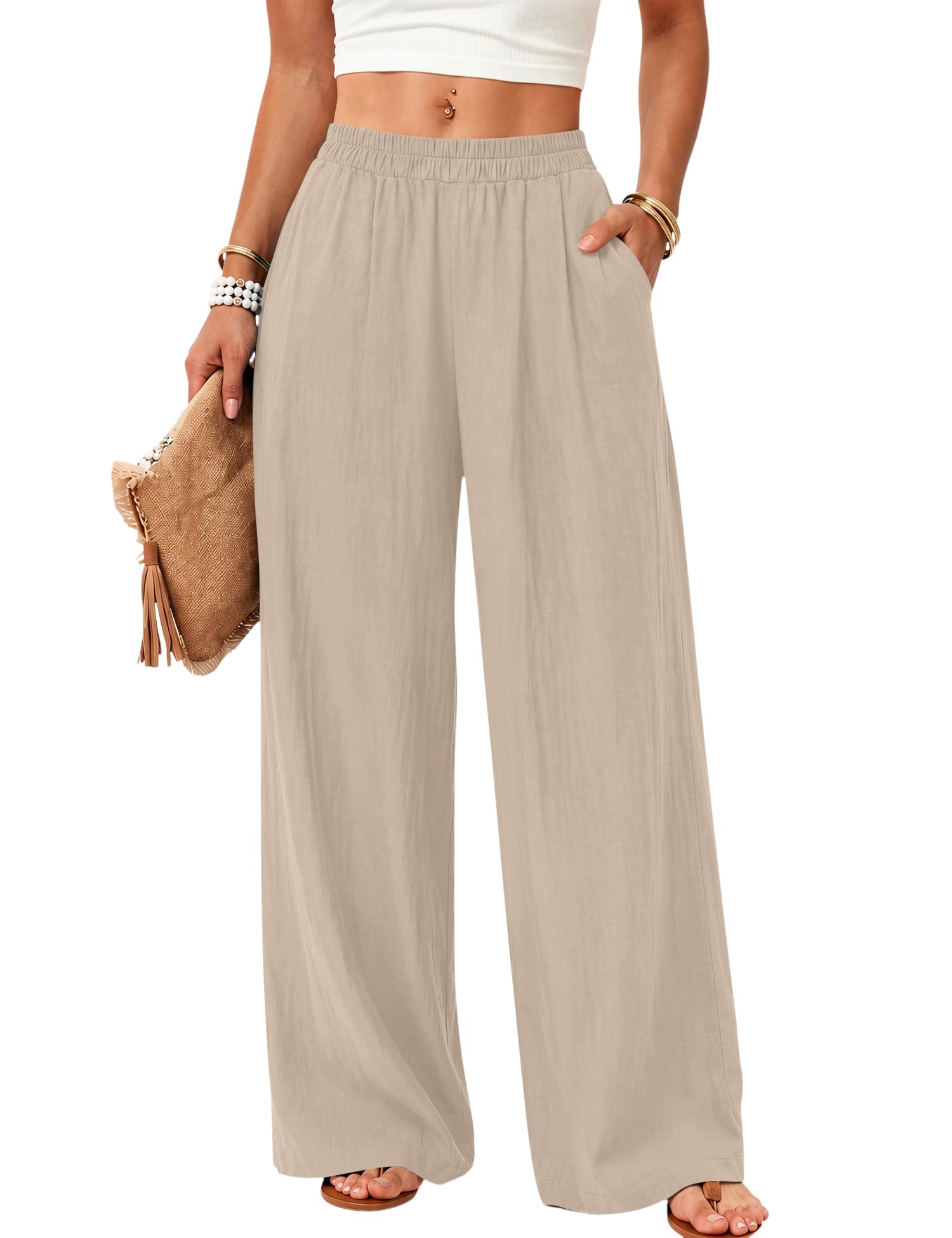 Rapbin Leinenhose Damen Sommer Sommerhose Damen Leicht Stoffhose Damen mit weitem Bein Luftige Strandhose Lässige Freizeithose Elegant Einfarbig mit Taschen