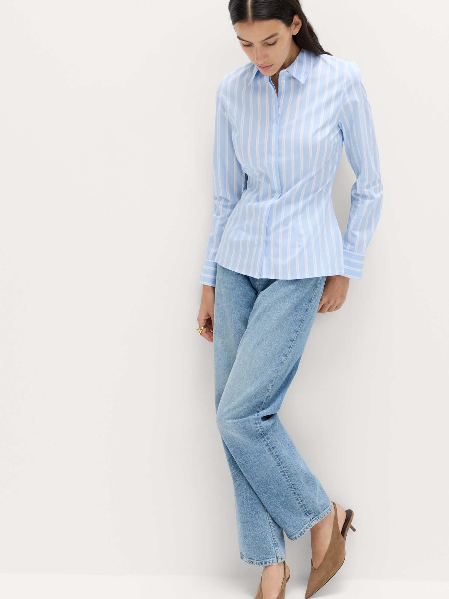 Marks & Spencer Donna Ricco di Cotone a Righe con Colletto Aderente Camicia – con Stretch – Concealed Placket