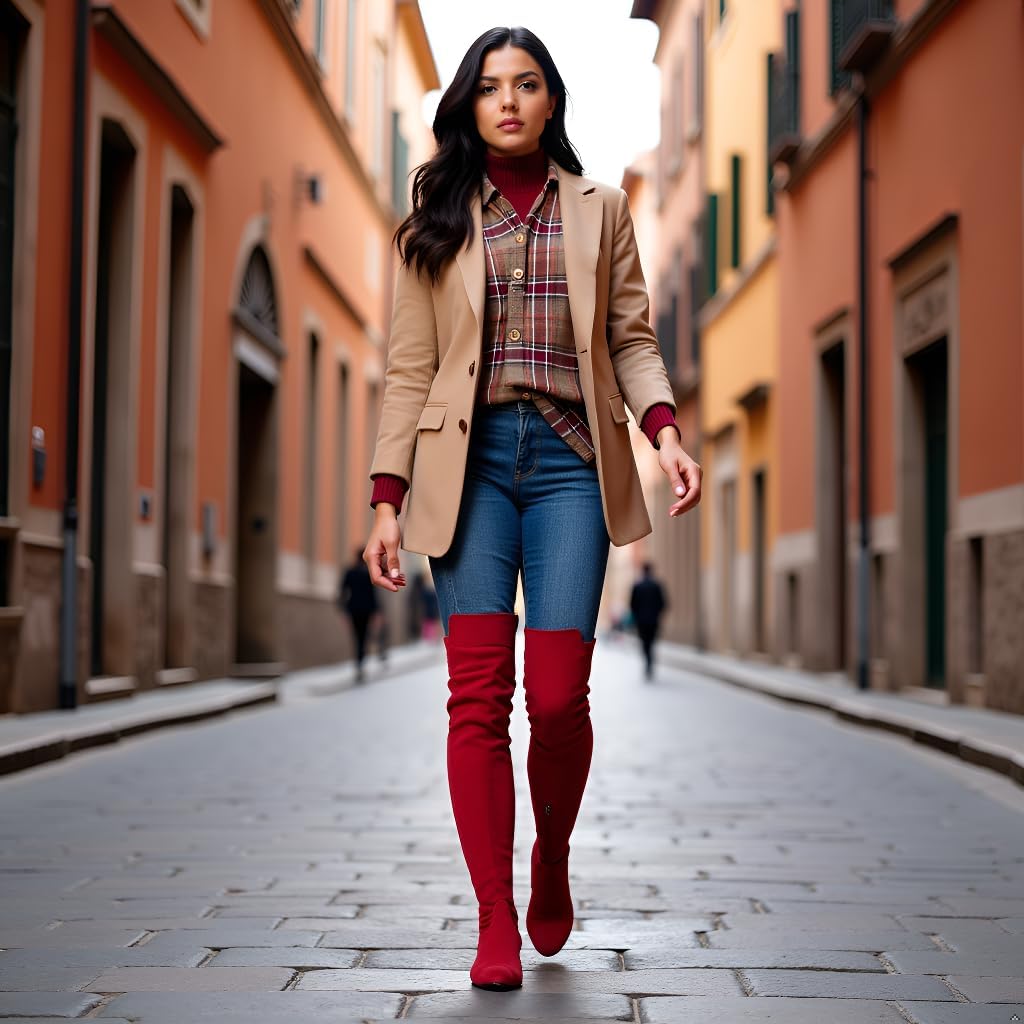 N.N.G Women Over the Knee Boots Thigh High Suede Black Block Low 2 Inch Heel Chunky Above Knee Winter Pointed toe