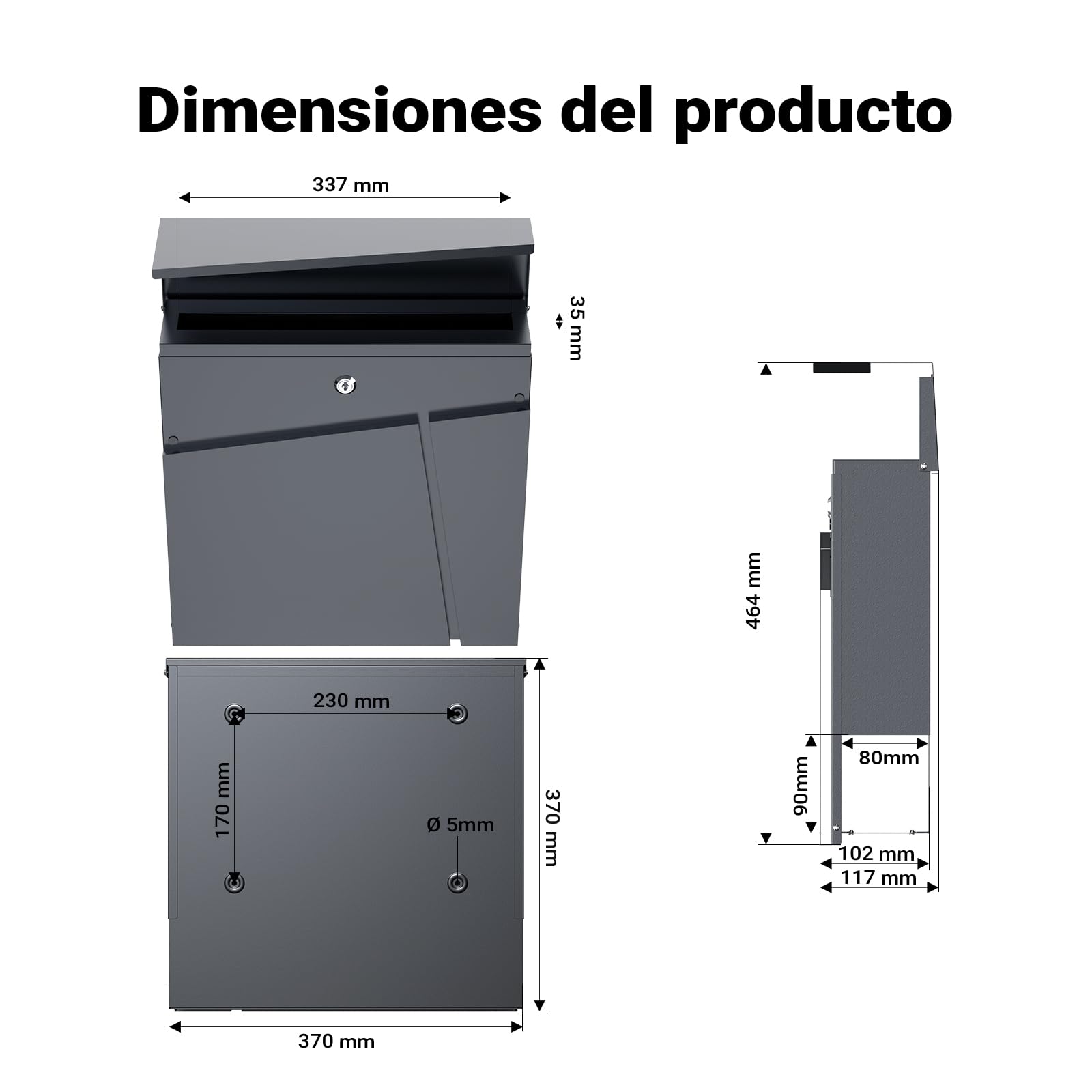 Wiltec Buzón de diseño V23 Antracita 370 x 102 x 370 mm, de Pared con Cerradura y Hueco para el periódico, de Acero con Recubrimiento en Polvo