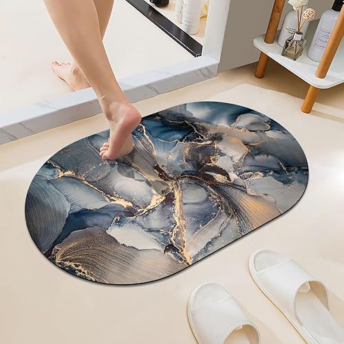 Miniatura 11 de Alfombra de baño súper absorbente de secado rápido con diseño de mármol negro, blanco, gris, dorado, parte inferior antideslizante de goma, fácil