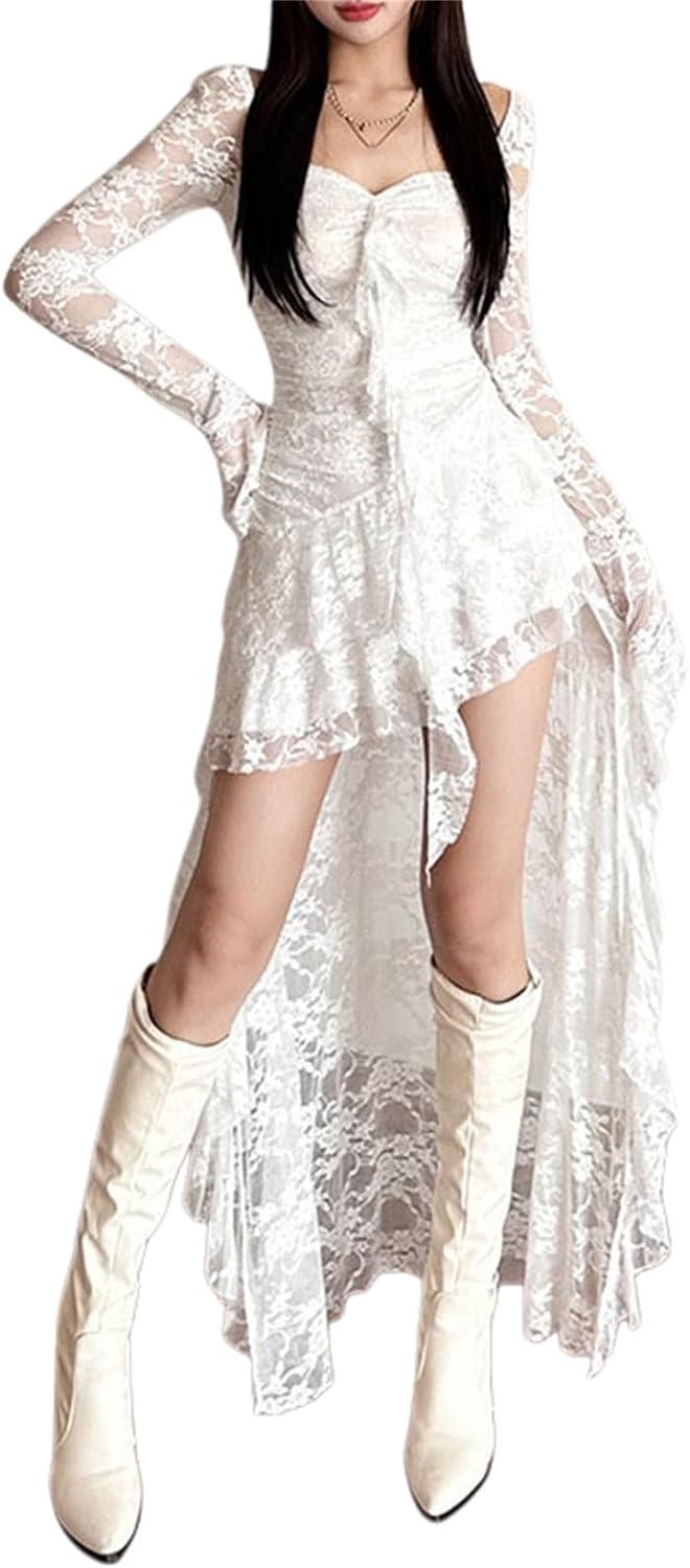 Elegant Lace Midi Dress for Women - Gothic Y2k Sheer Long Sleeve, Sweetheart Neck, High-Low, Ruffle, Disco Travel