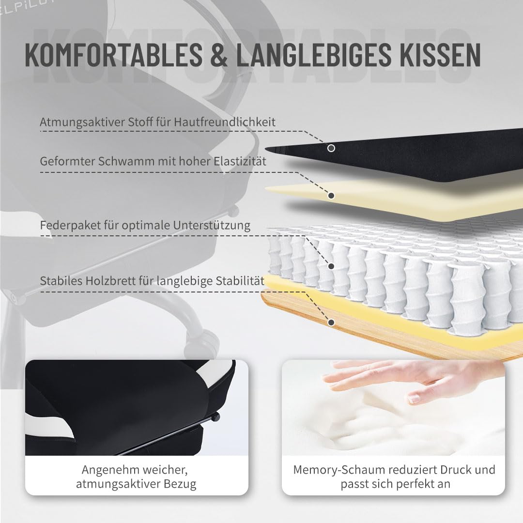 PixelPilot Gaming Stuhl Ergonomisch mit Fußstütze, Atmungsaktiver Stoff Gamer Stuhl, Bürostuhl mit Kopfstütze & Lendenstütze, Breite Sitzfläche, 150 kg (Schwarz)