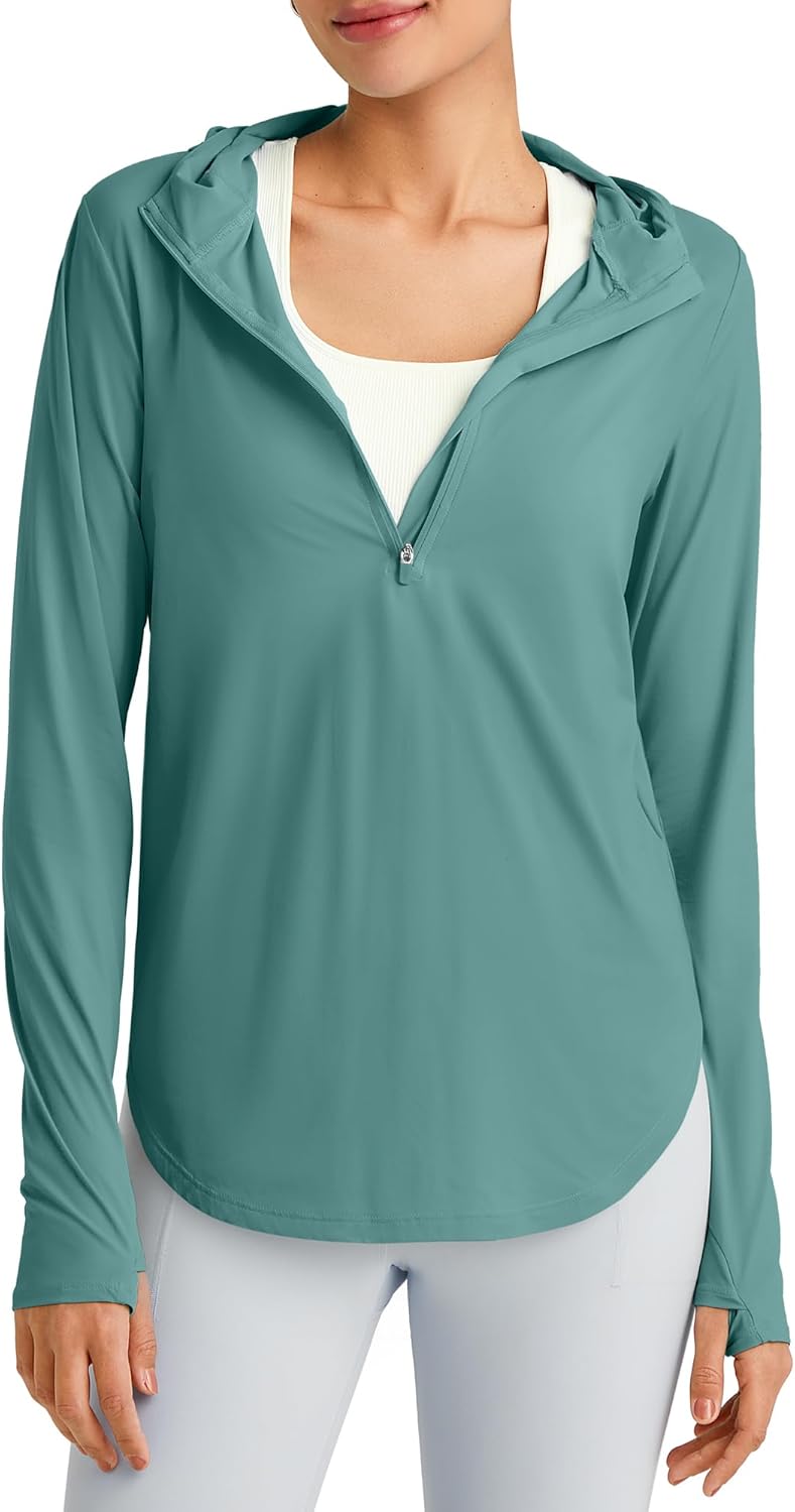 G4Free Lightbreeze Womens UPF 50+ Sun Shirts with Hoodie Long Sleeve Workout Tops Half Zip Rash Guard Hiking Fishing
