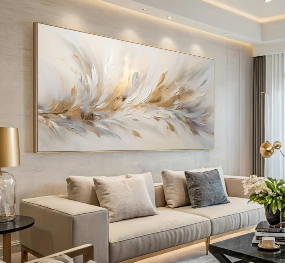 Rumlly Large Abstract Wall Art Modern Elegant Golden Feather for Living Room， Canvas Print Painting Luxury Minimalist Pictures(70x140cm/Frameless) — image 1