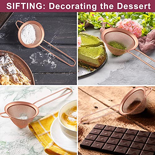 Fine Mesh Strainer Sieve Set Of 2, P&P Chef 3.3” Stainless Steel Conical Tea Strainer With Long Handle For Kitchen & Bar, Filtering Tea, Coffee, Cocktail, Durable & Dishwasher Safe, (Rose Gold) #TOP4